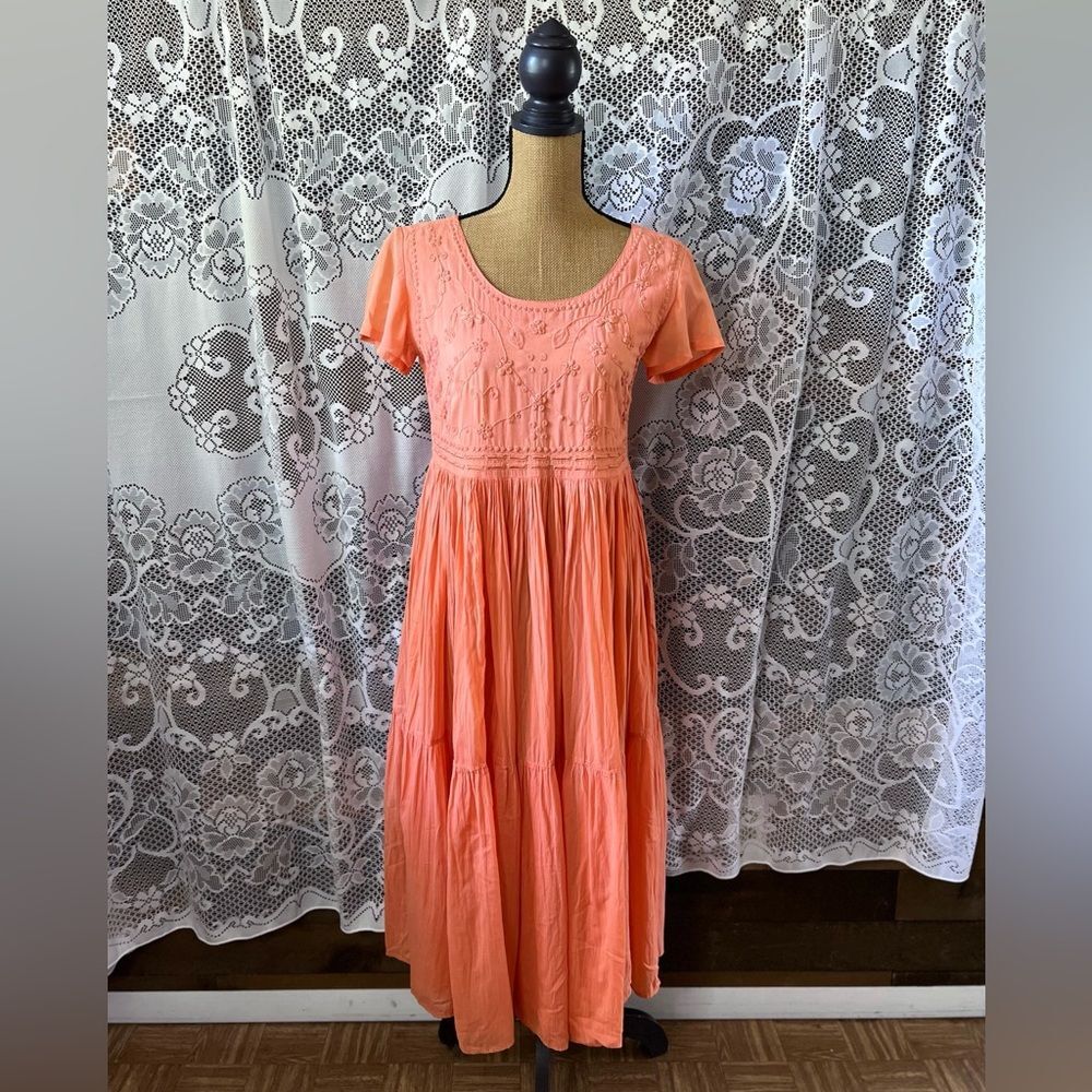 Vintage 90s Peach FADS Floral Embroidered Cotttagecore Fairycore Tiered Dress